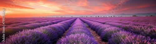 An endless lavender field under a pastel sunset  rows of purple stretching to the horizon  creating a dreamy and aromatic summer setting