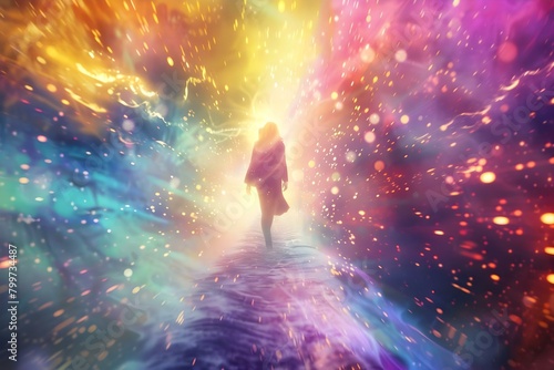 Entering a spiritual realm surrounded by colorful bursts of light. Concept Spiritual Experience, Colorful Light, Transcendental Journey