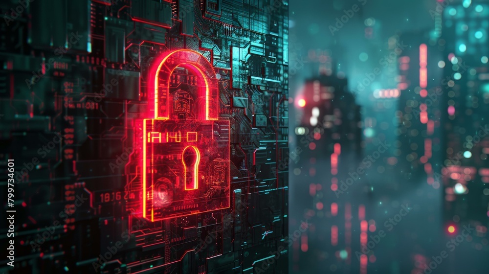 CGI artwork of a padlock in binary code, cryptic circuitry design, evoking the aesthetics of digital security and cryptid academia, symbolizing the defense against cyber threats, AI Generative