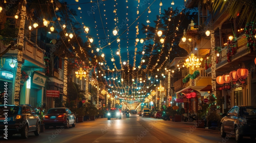 The city's main avenue ablaze with lights and adorned with festive decorations during a lively cultural celebration.