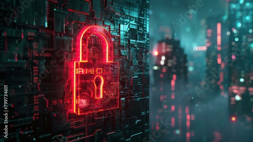 CGI artwork of a padlock in binary code, cryptic circuitry design, evoking the aesthetics of digital security and cryptid academia, symbolizing the defense against cyber threats, AI Generative