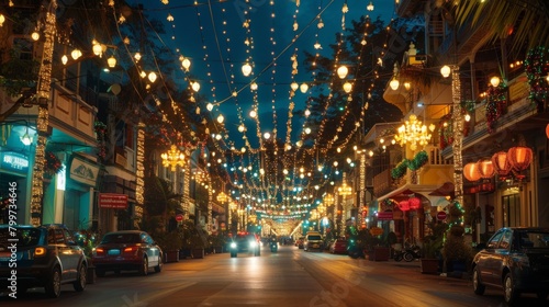 The city's main avenue ablaze with lights and adorned with festive decorations during a lively cultural celebration.