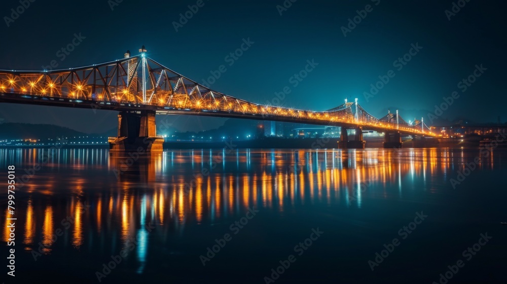 The iconic bridge spanning the river, illuminated by shimmering lights reflected in the tranquil waters below, a symbol of connectivity.