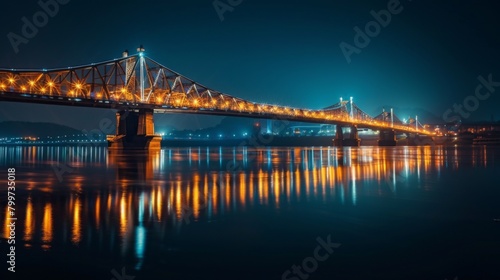 The iconic bridge spanning the river, illuminated by shimmering lights reflected in the tranquil waters below, a symbol of connectivity. © Plaifah