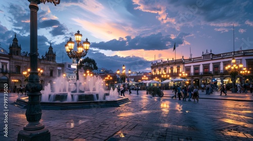 The historic city's main square bustling with life under the glow of street lamps and illuminated fountains, a hub of activity. photo