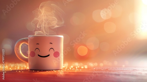 A cute cartoon coffee cup with a smiley face and steam sitting on a table