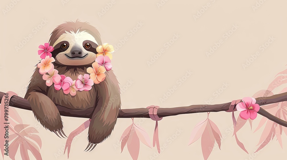 Fototapeta premium A cute cartoon sloth wearing a flower lei is hanging from a branch.