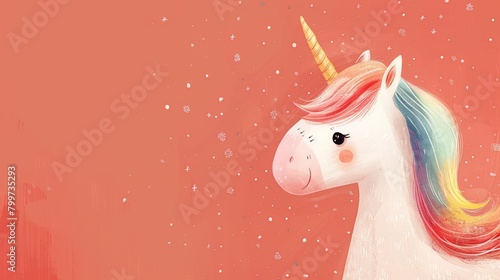 A cute cartoon unicorn with a rainbow mane and tail on a pink background.