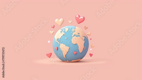 A pink background with a cartoon Earth in the center and pink hearts floating around it.