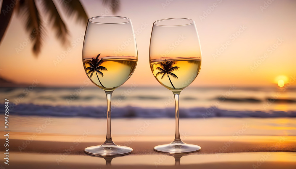 Two glasses of white wine with a tropical beach in the background, the sunset reflecting on the water