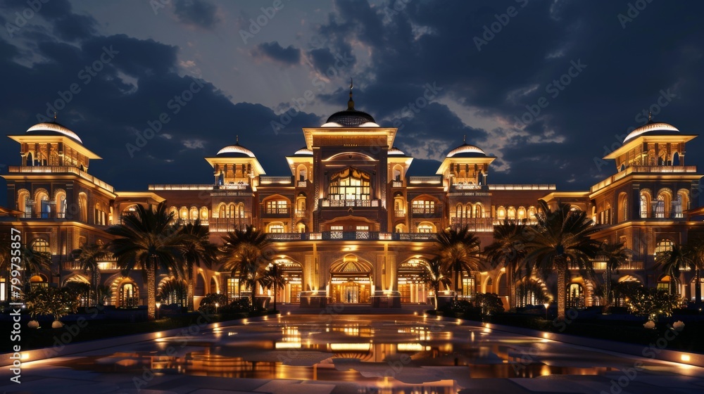 The majestic palace illuminated by golden lights against the night sky, radiating grandeur and timeless beauty.