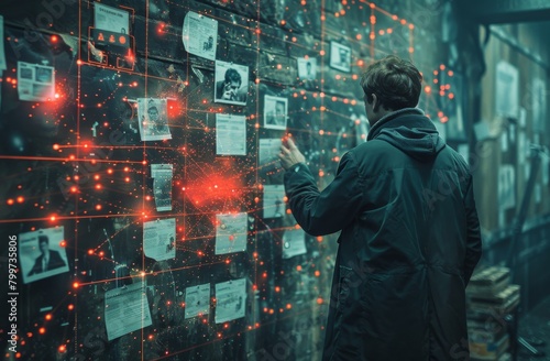 A detective is pictured intensely linking clues on a futuristic virtual board, representing solve crime
