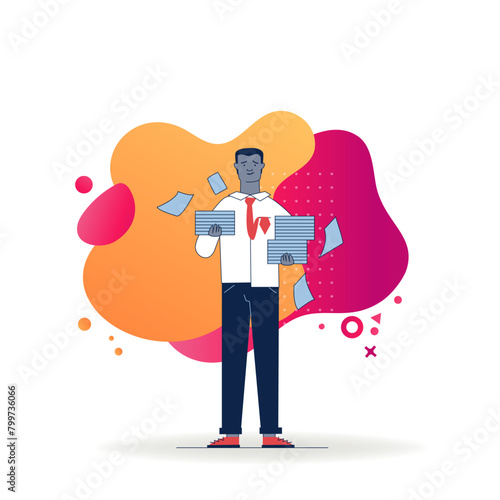 Unhappy manager with stacks of papers. Office worker holding heaps of documents flat vector illustration. Paperwork, bureaucracy concept for banner, website design or landing web page