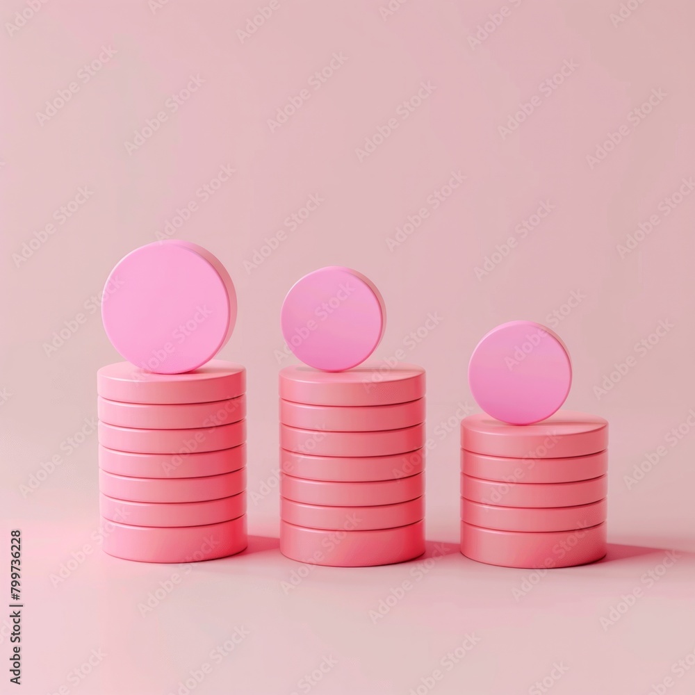 Craft a 3D scene depicting minimalist coin stacks on a pink background, AI Generative Craft a 3D scene depicting minimalist coin stacks on a pink background, AI Generative