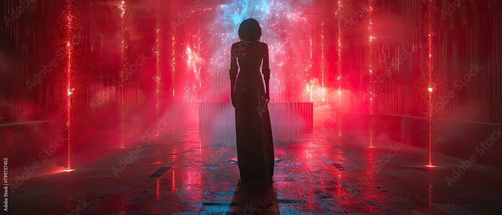 Scene: Silhouette singer against a backdrop of sparkling red lights.