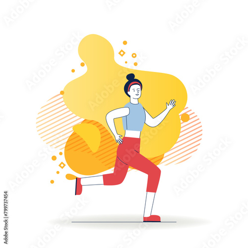 Young sportswoman running. Cartoon character wearing fitness apparel, jogging flat vector illustration. Morning, outdoor workout, active lifestyle concept for banner, website design or landing web pag