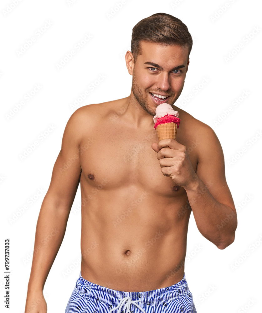 Fototapeta premium Man in swimsuit enjoying ice cream, a perfect summer indulgence