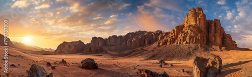 This panoramic image shows the warm glow of sunrise illuminating the striking desert cliffs and rock formations