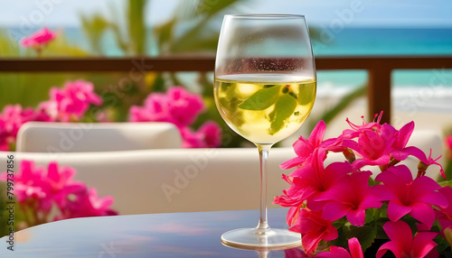 A glass of white wine in tropical beach with pink flowers