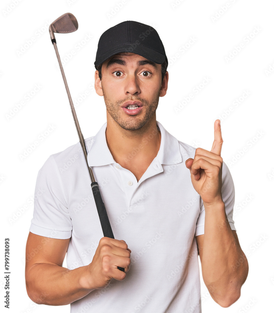 Young Hispanic man with golf club having some great idea, concept of creativity. Young Hispanic man with golf club having some great idea, concept of creativity.