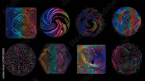 Set of linear retrofuturistic geometric shapes and forms with glitchy trippy pattern in neon holographic vibrant colors. 