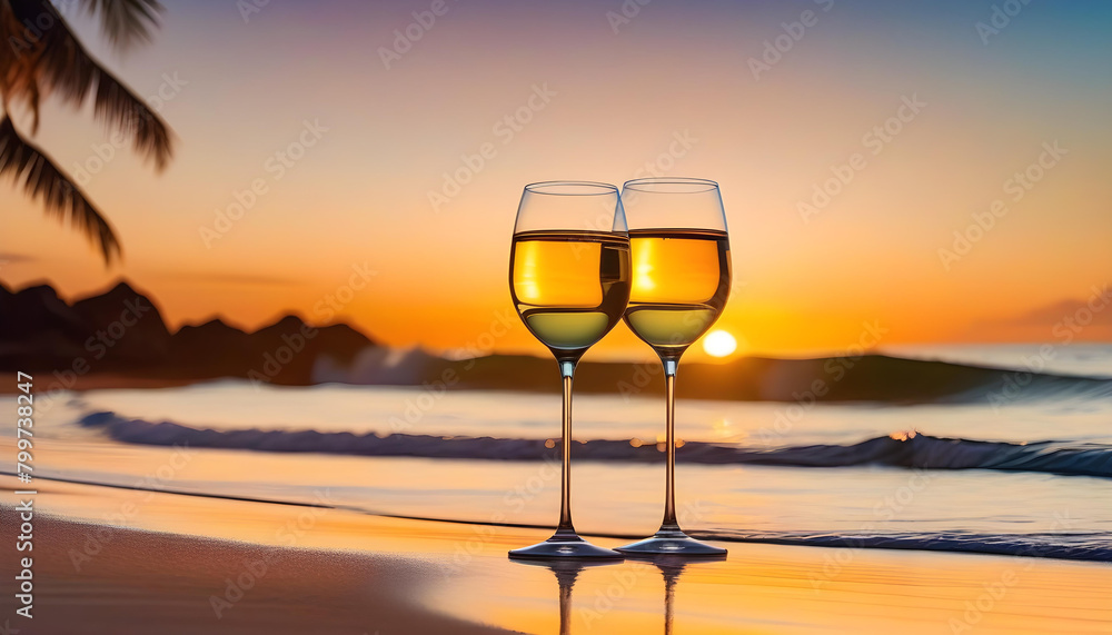 Two glass of wine on the beach at sunset time Two glass of wine on the beach at sunset time