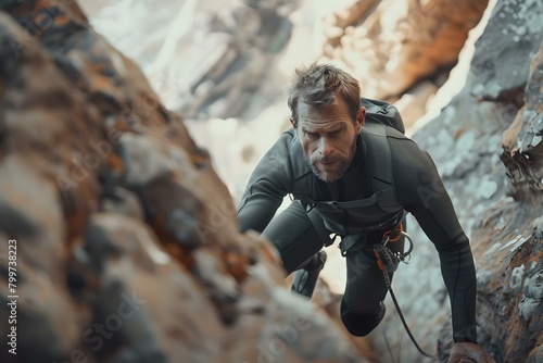 Determined man in wet suit climbing steep mountain face in challenging conditions. Concept Mountain Climbing, Extreme Sports, Determination, Adventure, Challenging Conditions