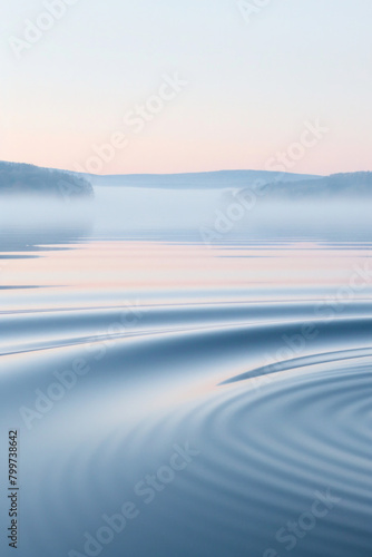 The gentle, rhythmic pattern of waves on a tranquil lake, with the water's surface reflecting the soft hues of the sky at dawn. 