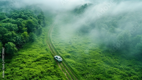 Drone view through clouds over green field and forest, road with car below, natural layout, tranquility from above, AI Generative