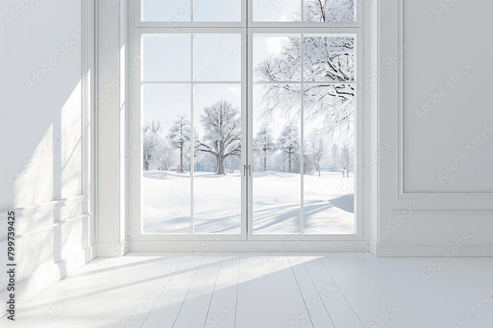 empty room in white color with winter landscape in window. Scandinavian interior design. empty room in white color with winter landscape in window. Scandinavian interior design.