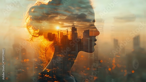 Double Exposure Composition: Woman's Profile in Urban Construction
