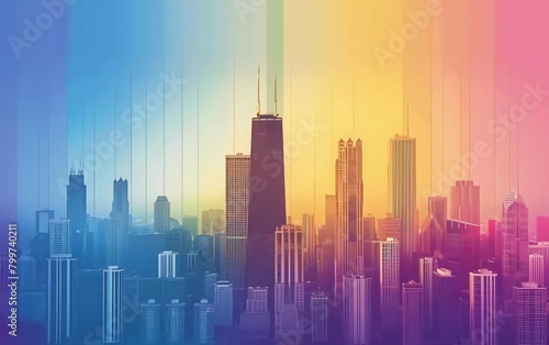 Chicago city colored gradient lines. All Chicago buildings - objects adjusted with an opacity mask