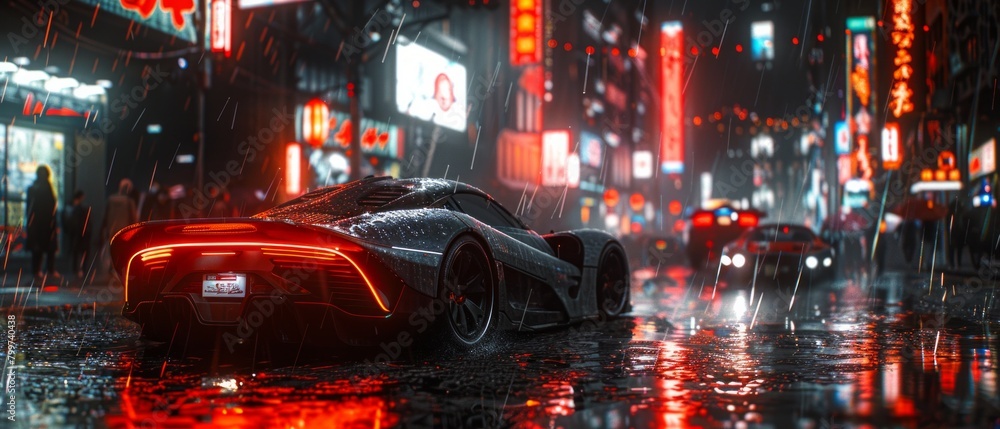 Gleaming futuristic metropolis under a neon-lit rain, showcasing cyberpunk aesthetics with holographic billboards and flying car, AI Generative