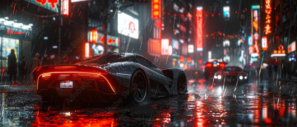Gleaming futuristic metropolis under a neon-lit rain, showcasing cyberpunk aesthetics with holographic billboards and flying car, AI Generative Gleaming futuristic metropolis under a neon-lit rain, showcasing cyberpunk aesthetics with holographic billboards and flying car, AI Generative
