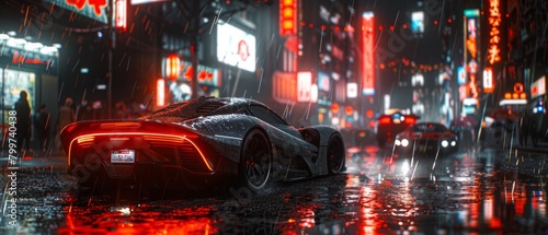 Gleaming futuristic metropolis under a neon-lit rain, showcasing cyberpunk aesthetics with holographic billboards and flying car, AI Generative