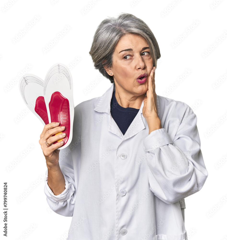 Caucasian mid-age female podiatrist holding insole is saying a secret hot braking news and looking aside Caucasian mid-age female podiatrist holding insole is saying a secret hot braking news and looking aside