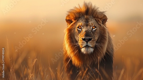Intense portrait of a lion  eyes piercing through the savannah s haze  the king of beasts captured in a moment of contemplative silence  AI Generative