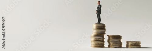 A single miniature businessman stands proudly on the highest stack of coins, embodying the spirit of financial success and ambition photo