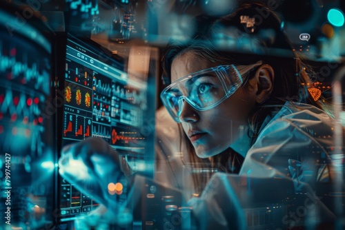 International research collaboration , Photo of scientists from different nations working together in a lab, researching a virus and sharing data on digital screens