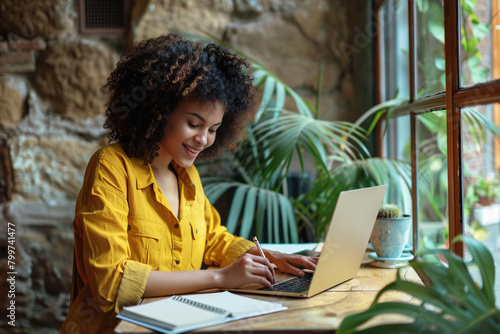 Portrait of young black woman smiling while writing in notebook and using laptop at wooden desk, wearing casual yellow shirt with curly hair sitting near window on the wall with green plant at industr