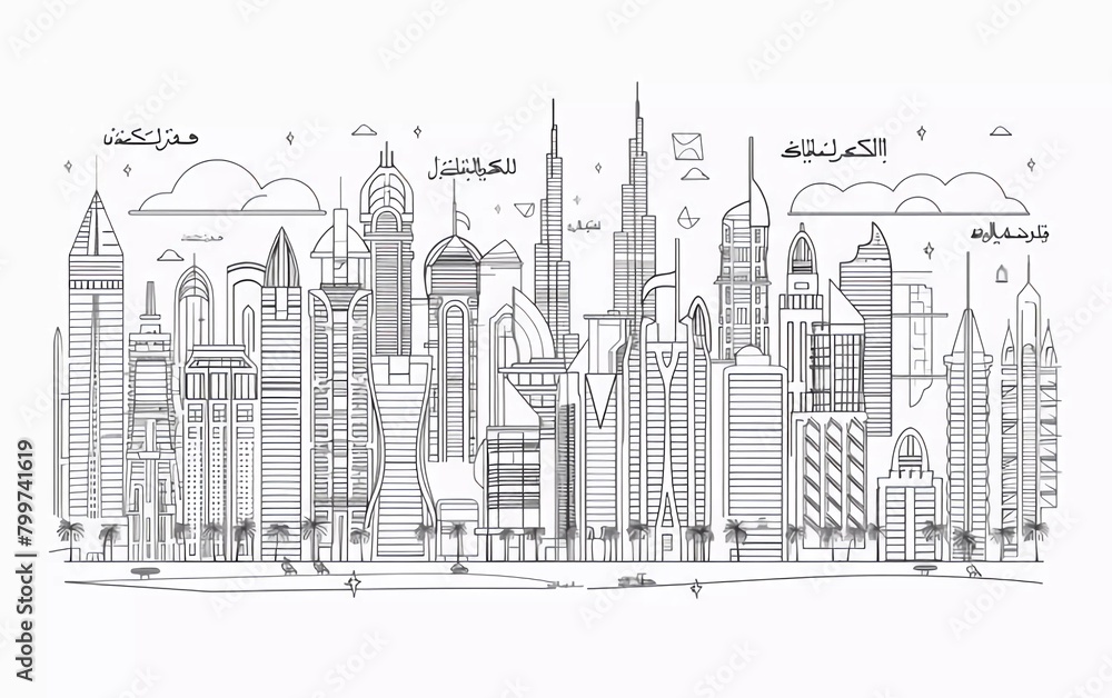 Dubai city linear banner. All buildings - different objects are adjusted to the background content