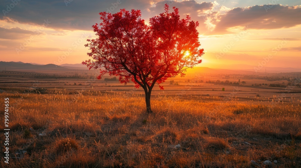 Fototapeta premium romantic red heart-shaped tree, a unique natural phenomenon, AI Generative
