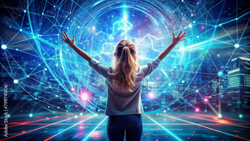 Happy kid girl amazed in cyberspace and virtual reality. Child having fun in metaverse digital hud hologram with geometric figures, statistics and indicators. Concept of virtual reality and technology © Yekatseryna