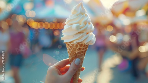 Marshmallow ice cream treat , Closeup of a hand holding a cone of marshmallowflavored ice cream, with a blurred summer festival background