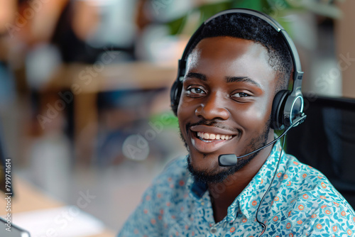 Professional customer service worker with headset smiling while working in the style of call center office, close up photo shot in the style of Canon R5