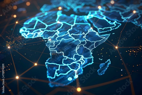 Blockchain network growing across Africas map advancing digital technology in the continent. Concept Blockchain Technology, Digital Advancements, African Continent, Network Growth photo