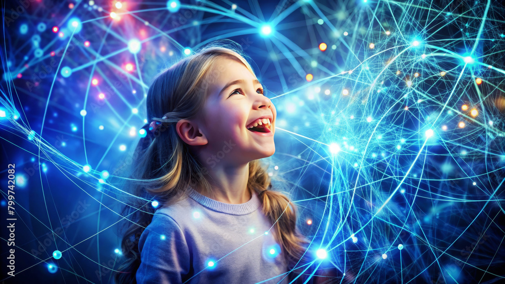 Happy kid girl amazed in cyberspace and virtual reality. Child having fun in metaverse digital hud hologram with geometric figures, statistics and indicators. Concept of virtual reality and technology