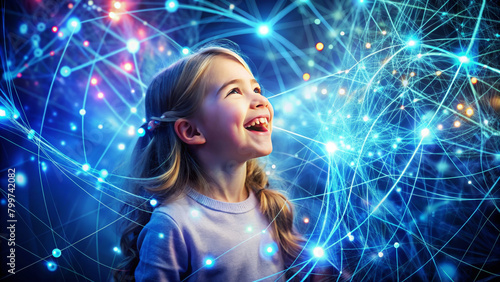 Obraz na płótnie Happy kid girl amazed in cyberspace and virtual reality. Child having fun in metaverse digital hud hologram with geometric figures, statistics and indicators. Concept of virtual reality and technology w salonie