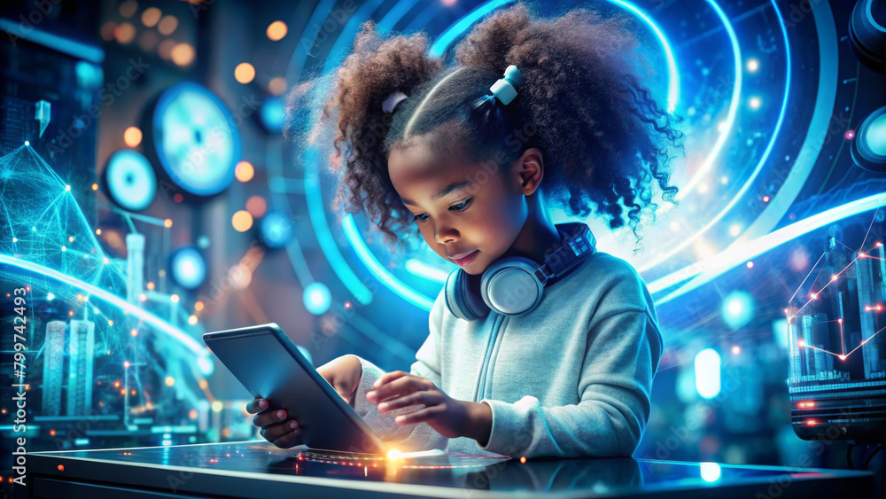 Kid girl experiencing cyberspace and virtual reality on in Futuristic colorful background. Child using a gaming gadget for Education virtual reality Technology at young age