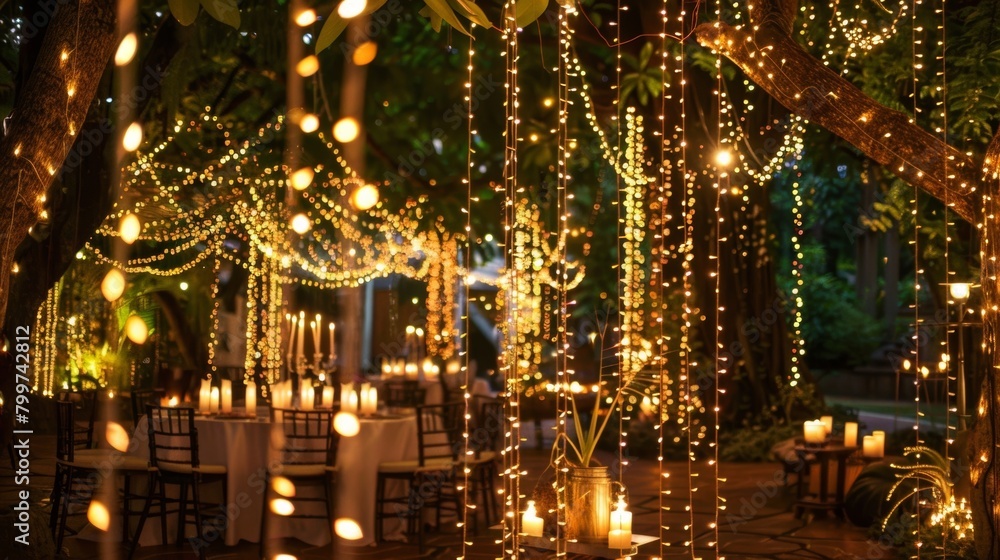 Strings of fairy lights d from the ceiling giving off a soft glow that adds an enchanting touch to the candlelit area. 2d flat cartoon. Strings of fairy lights d from the ceiling giving off a soft glow that adds an enchanting touch to the candlelit area. 2d flat cartoon.